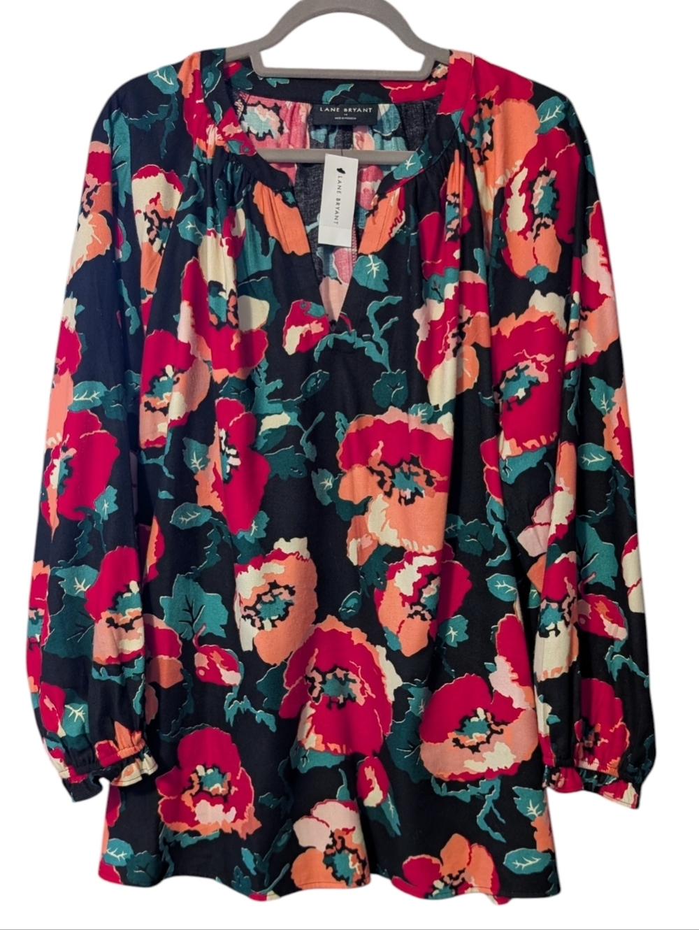 NWT Lane Bryant Women's Plus Swing Notch Neck Popover Top Black Floral Boho 14